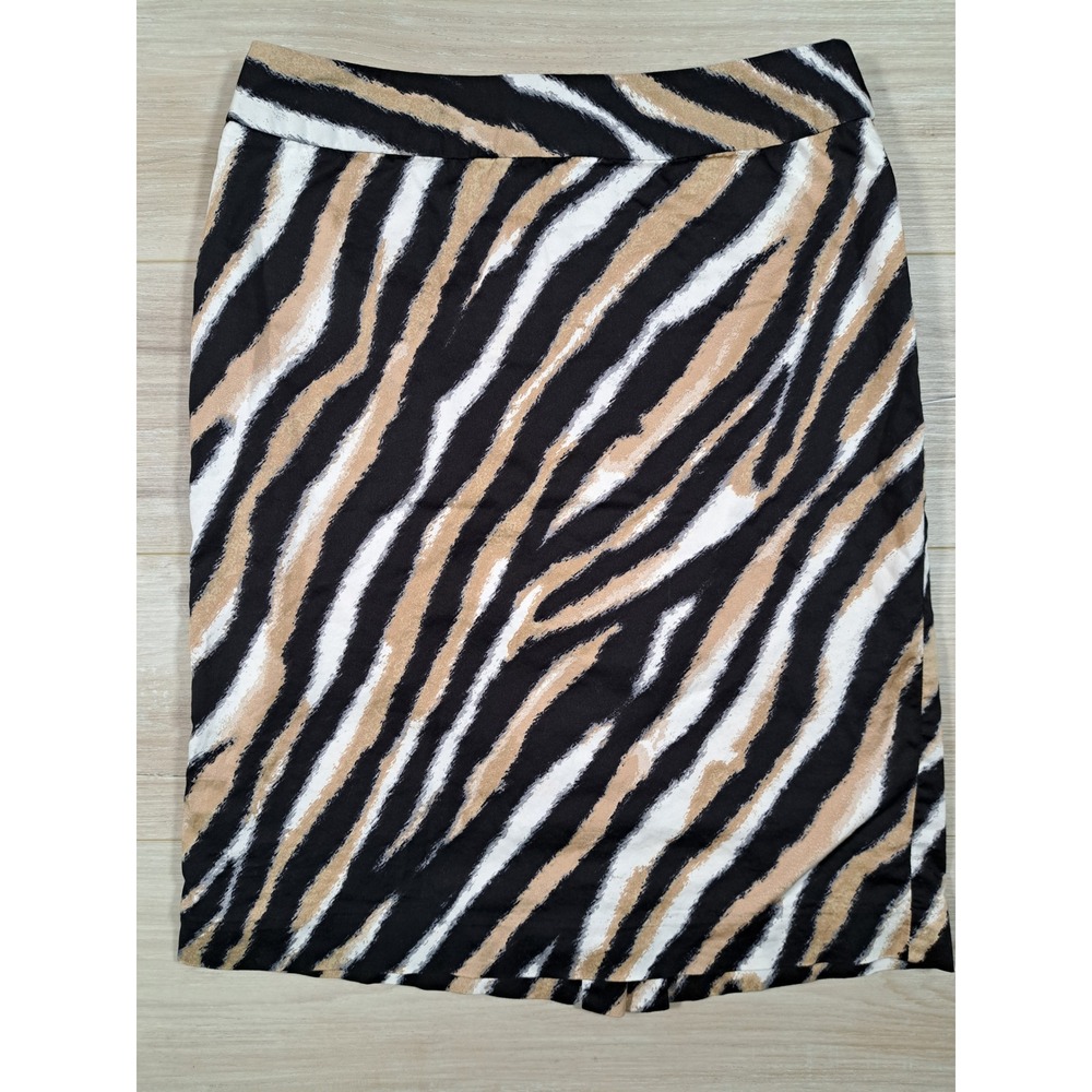 Talbots Zebra Animal Print Pencil Skirt Black Tan White Cotton Stretch Size 6